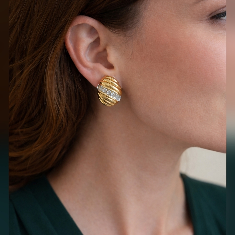YSL Yves Saint Laurent Gold Tone Earrings with Crystal Accent